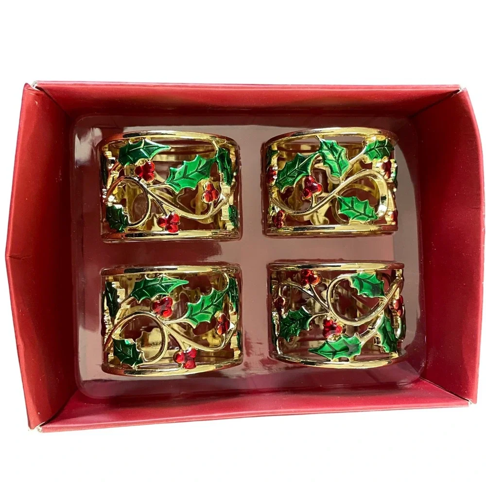 NEW Lenox Gold Holly And Berry Napkin Rings Set of 4 Christmas Holiday Decor NIB